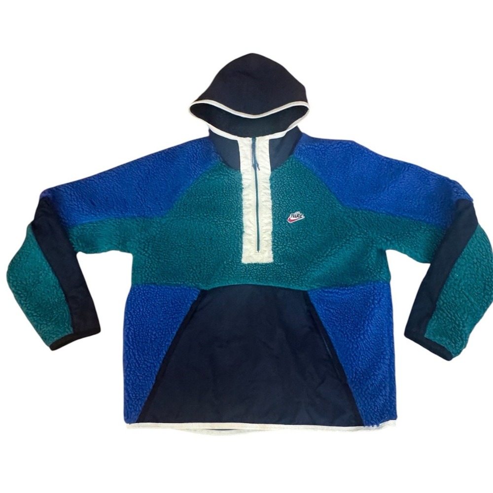 Nike Heritage Sherpa Anorak Color Block Pullover Jacket Blue Green Men's M